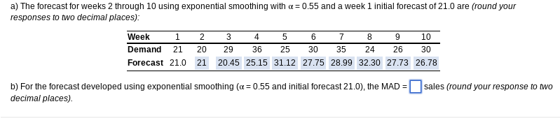 a) The forecast for weeks 2 through 10 using