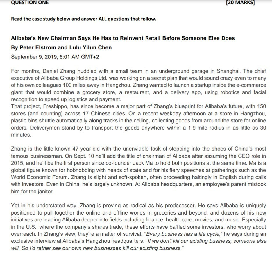 QUESTION ONE [20 MARKS] Read the case study below