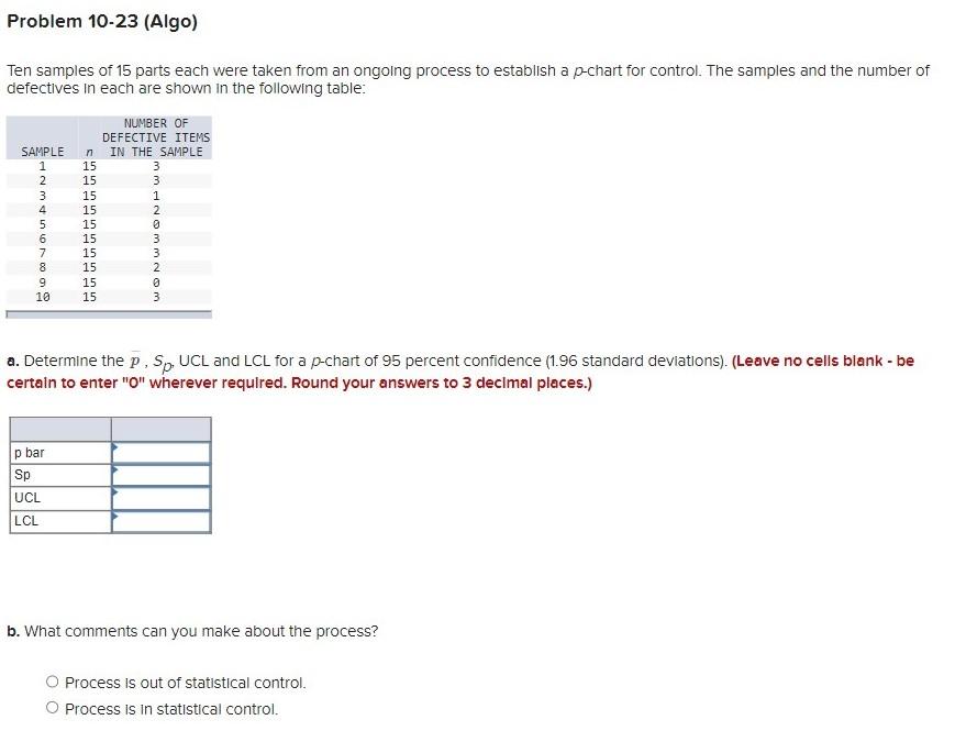 Ten samples of 15 parts each were taken from an