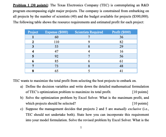Problem 1 [30 points): The Texas Electronics