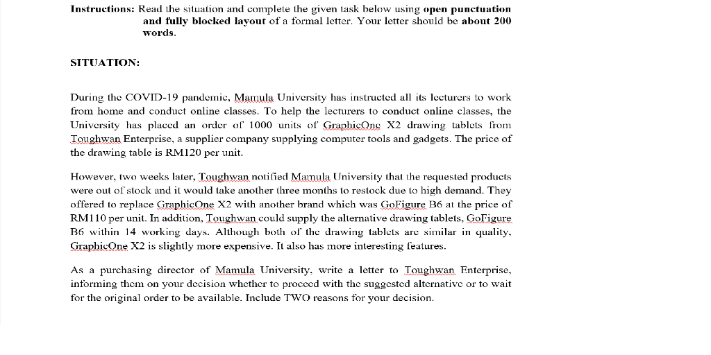 Instructions: Read the situation and complete the