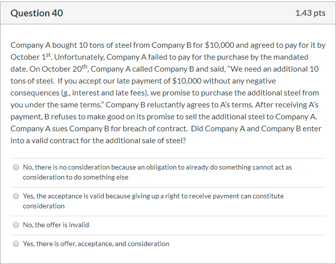 40 Question 40 1.43 pts Company A bought 10 tons