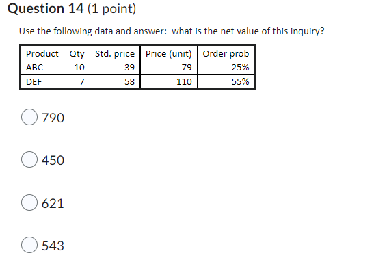 Question 14 (1 point) Use the following data and
