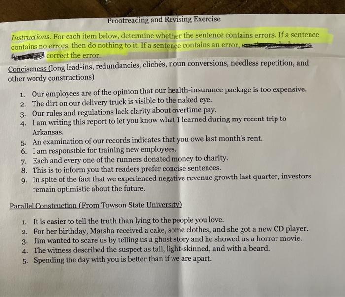 Proofreading and Revising Exercise Instructions.