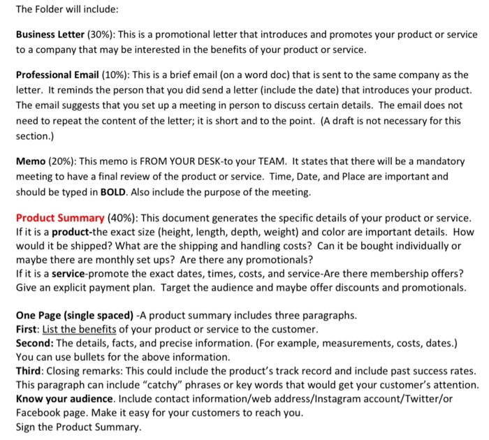 The Folder will include: Business Letter (30%):