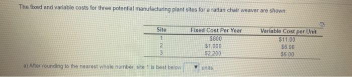 The fixed and variable costs for three potential