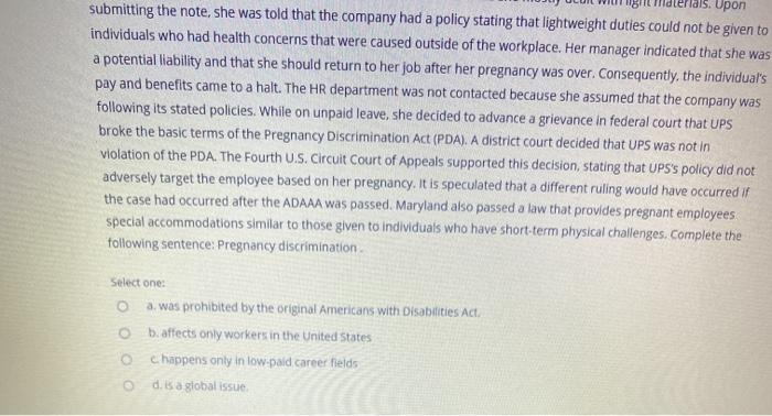 Conflict over an Employee's Pregnancy at UPS