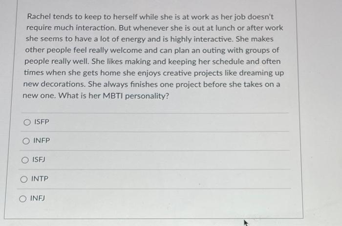 Rachel tends to keep to herself while she is at