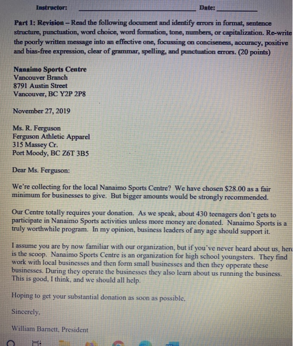 Instructor: Date: Part 1: Revision - Read the