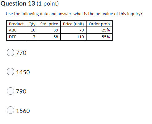 Question 13 (1 point) Use the following data and