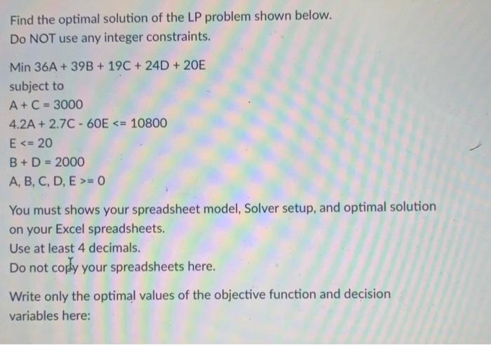Find the optimal solution of the LP problem shown