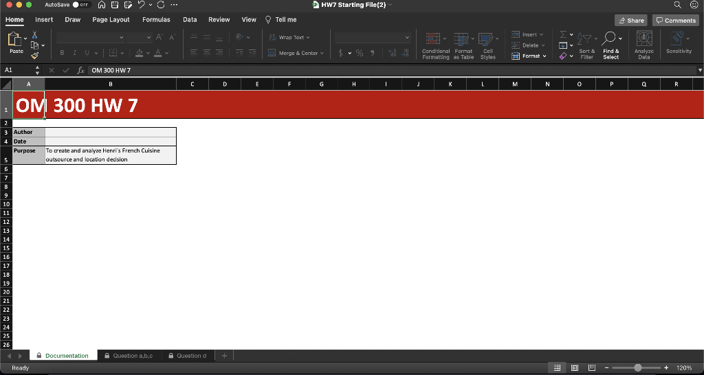 Using the HW7 Starting File Excel file, answer