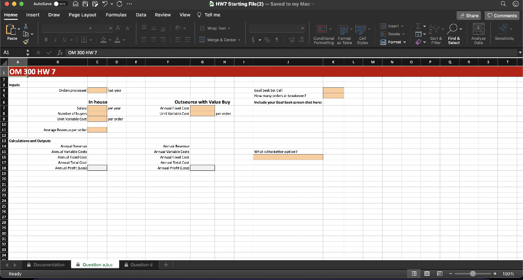 Using the HW7 Starting File Excel file, answer