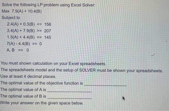 Solve the following LP problem using Excel