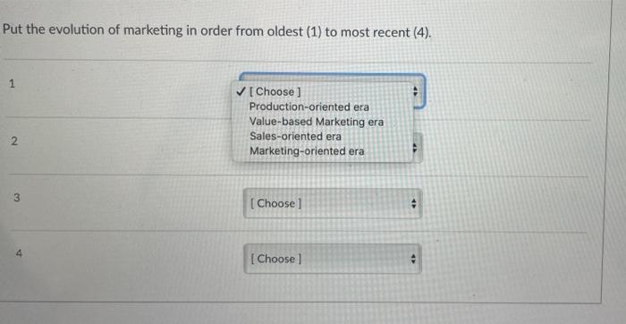 Put the evolution of marketing in order from