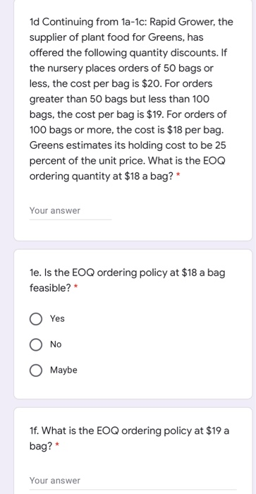 1a. A local nursery, Greens, uses 1560 bags of