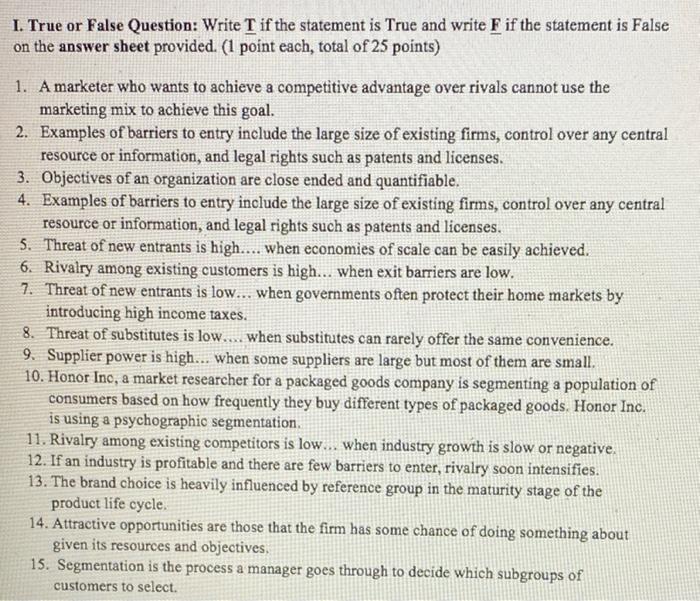 NEED ASAP I have 10 mins , True or False only I.