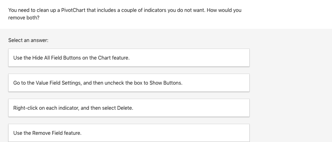 You need to clean up a PivotChart that includes a