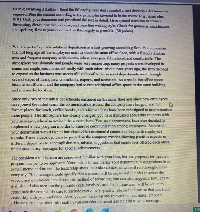 Part 2: Drafting & Letter - Read the following