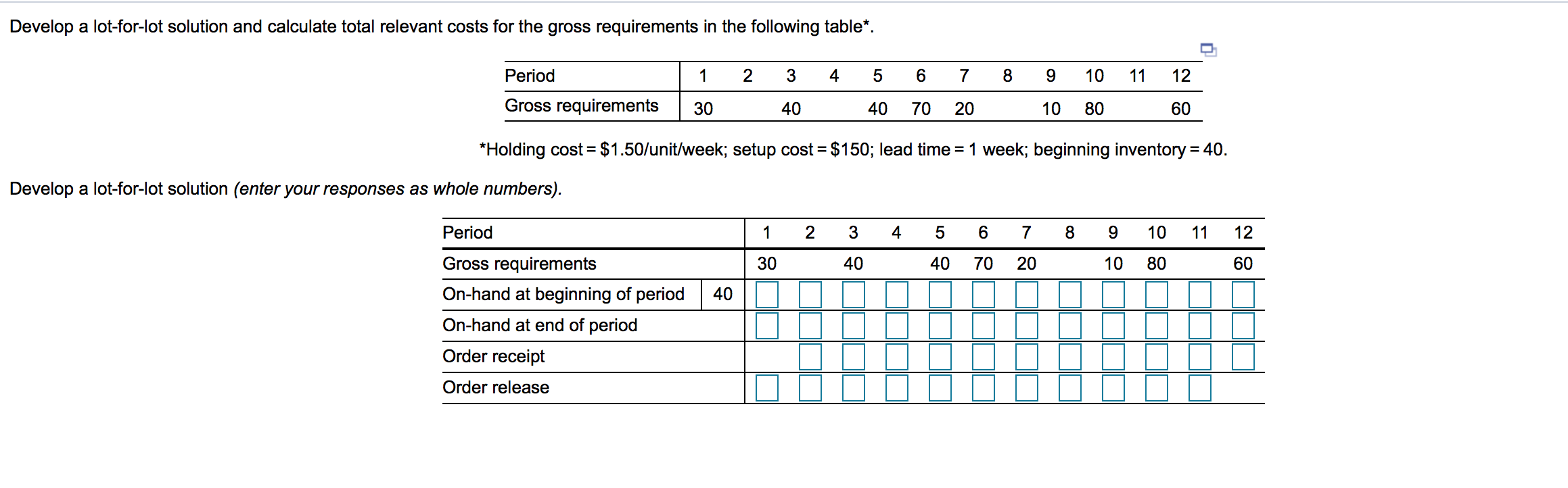 Develop a lot-for-lot solution and calculate