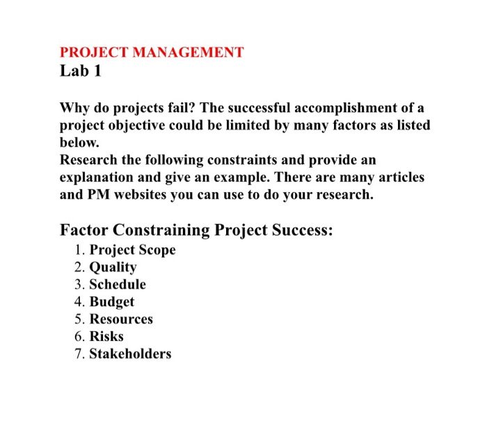 PROJECT MANAGEMENT Lab 1 Why do projects fail?