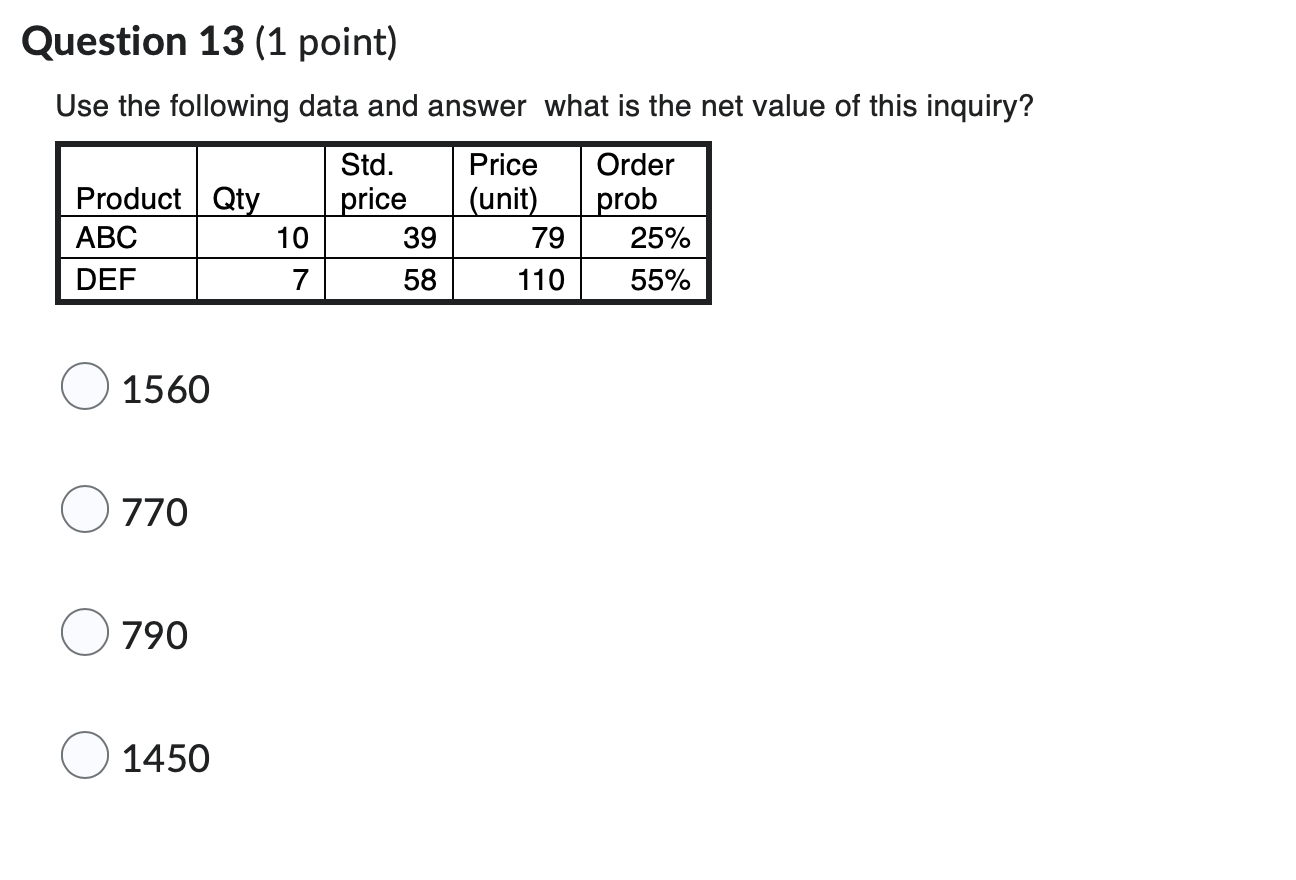 Question 13 (1 point) Use the following data and