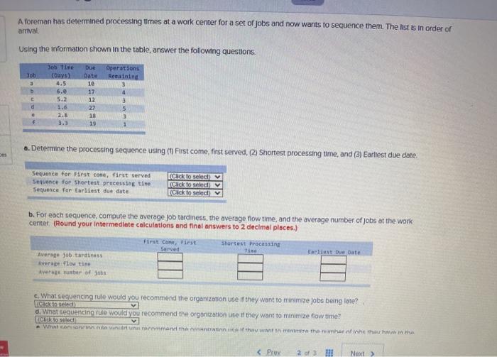 A foreman has determined processing times at a