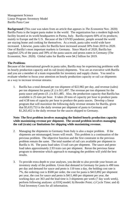 Management Science Linear Program /Inventory