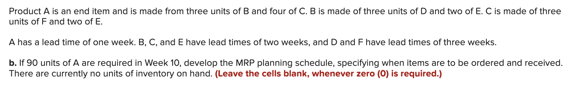 Product A is an end item and is made from three