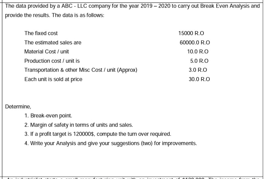 The data provided by a ABC - LLC company for the