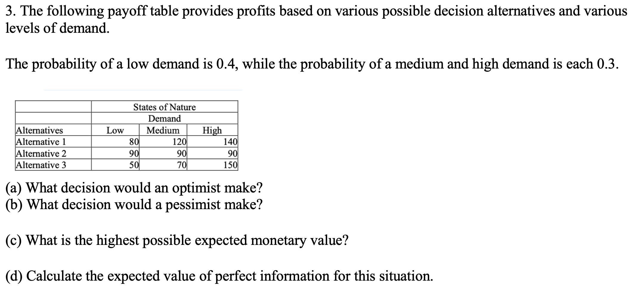 3. The following payoff table provides profits