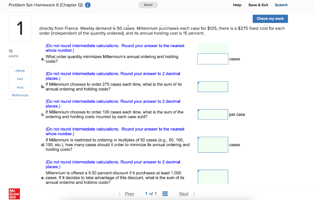 Problem Set Homework 6 (Chapter 12) Saved Help