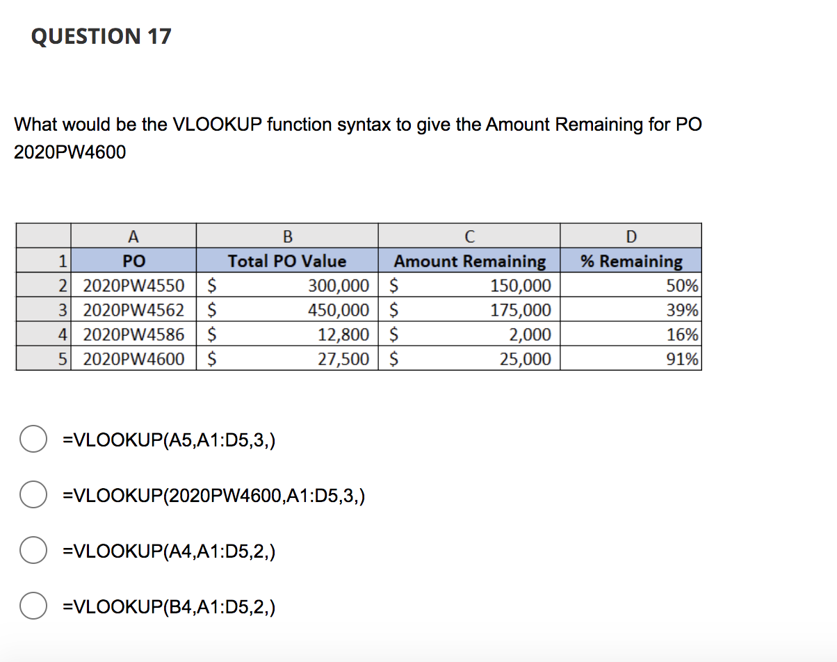 What would be the VLOOKUP function syntax to give