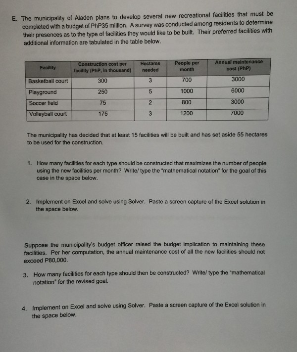 linear programming problem E. The municipality of