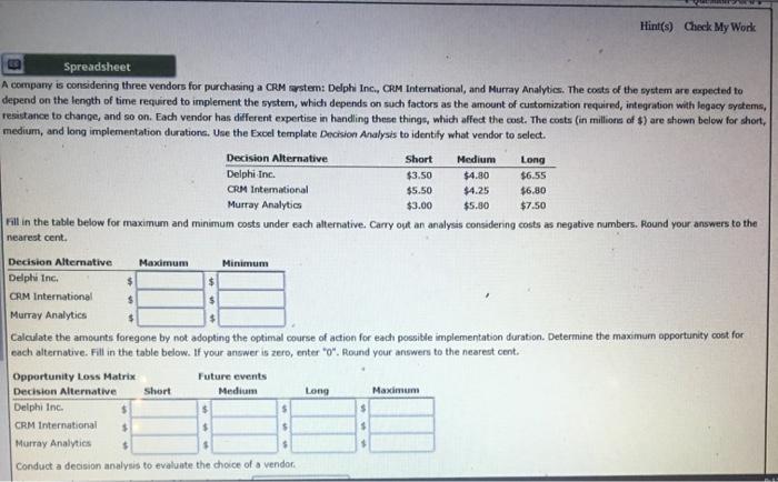 Hint(s) Check My Work Spreadsheet A company is