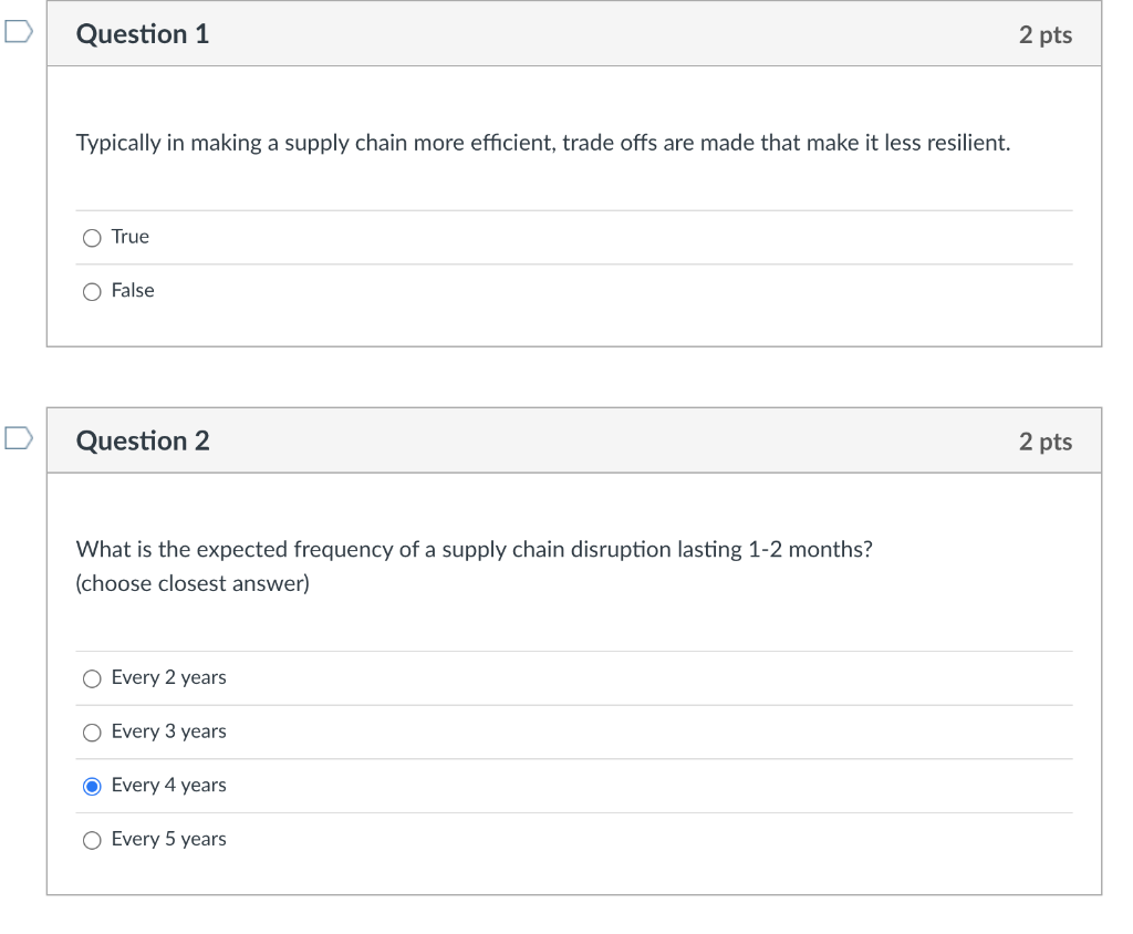 Question 1 2 pts Typically in making a supply