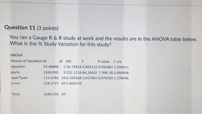 Question 11 (3 points) You ran a Gauge R & R