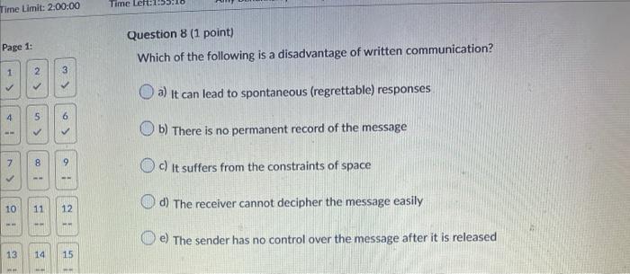 Time Left:1: Time Limit: 2.00:00 Question 8 (1