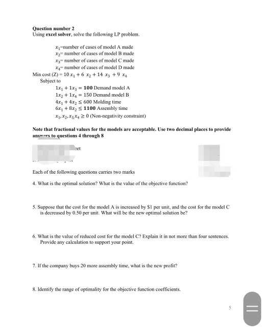 using Excel solver, solve the following LP