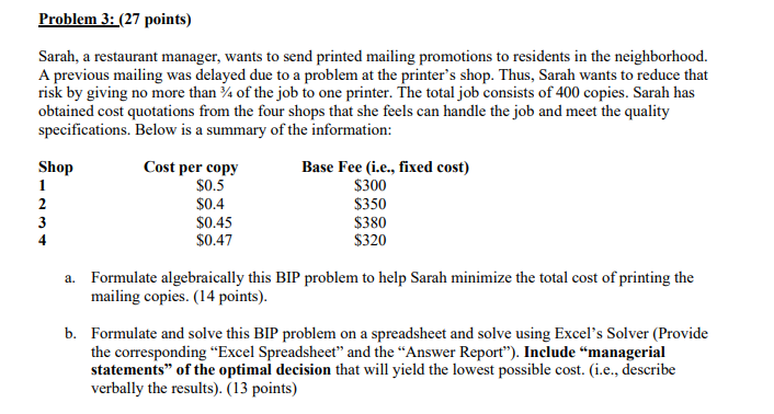 Problem 3: (27 points) Sarah, a restaurant