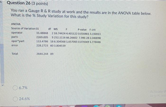 Question 26 (3 points) You ran a Gauge R & R