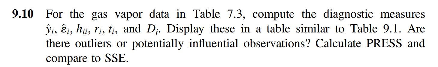 9.10 For the gas vapor data in Table 7.3, compute