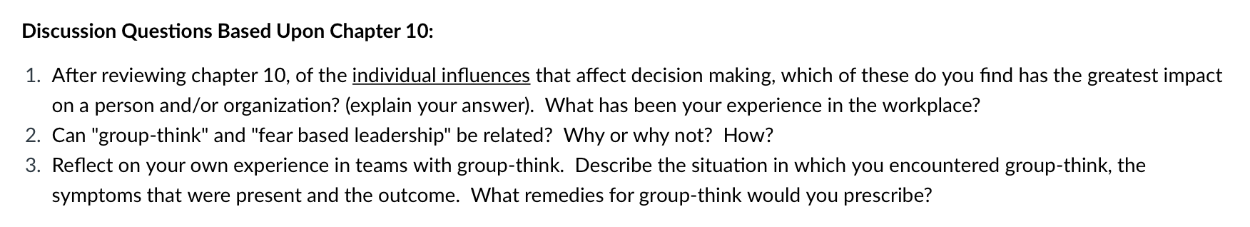 Discussion Questions Based Upon Chapter 10: 1.