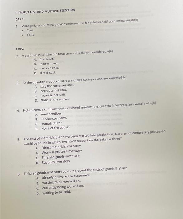 1. TRUE/FALSE AND MULTIPLE SELECTION CAP 1 i