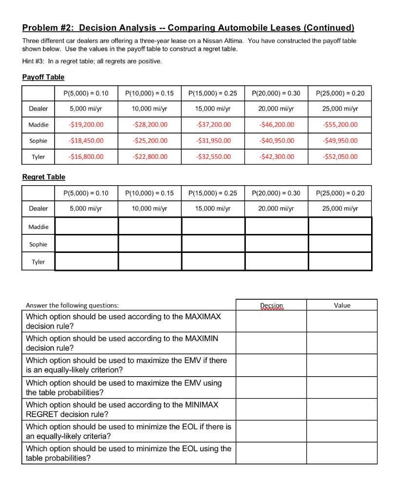 Problem 2: Decision Analysis -- Comparing