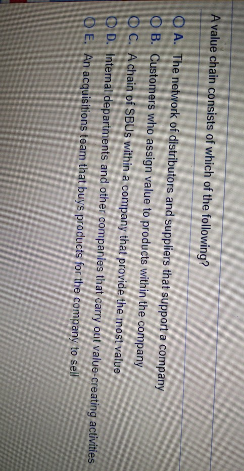 2) 3) 3) 4) A value chain consists of which of