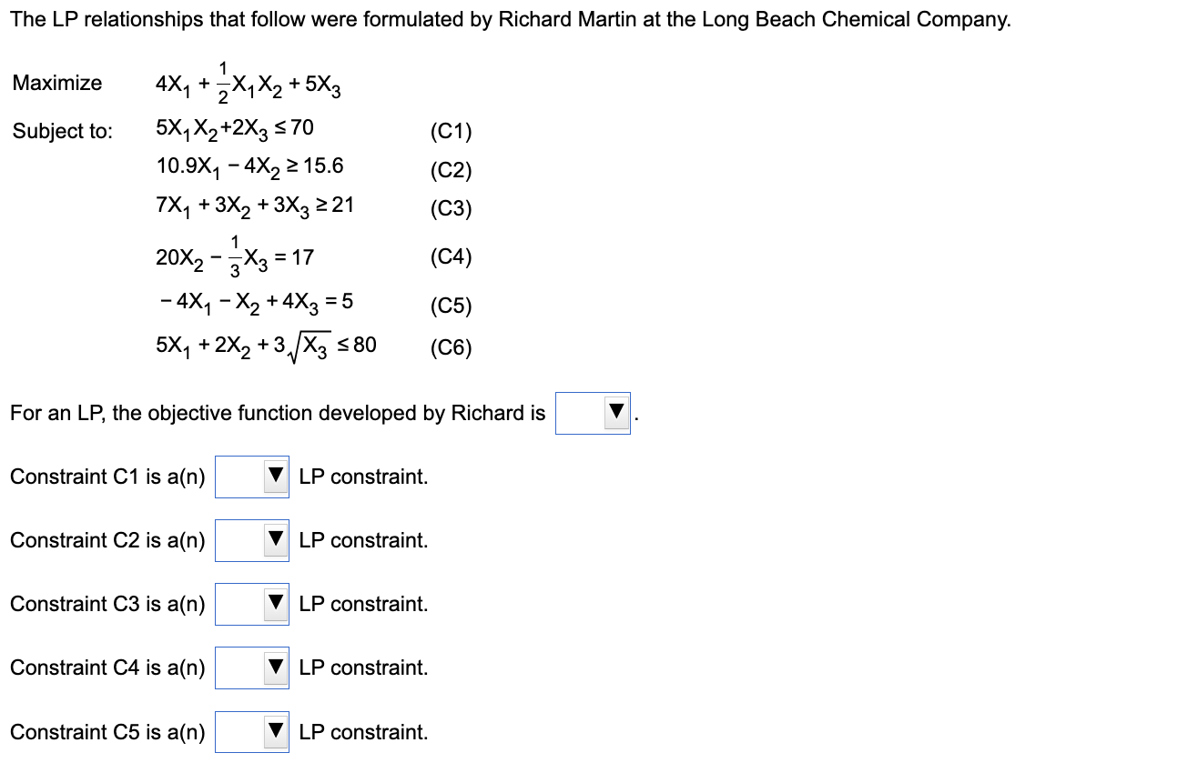 The LP relationships that follow were formulated