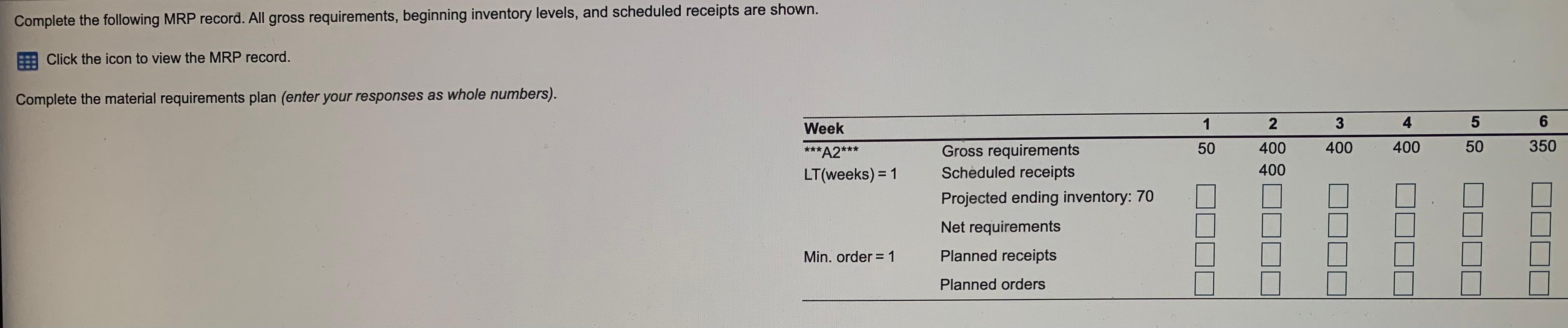 Complete the following MRP record. All gross