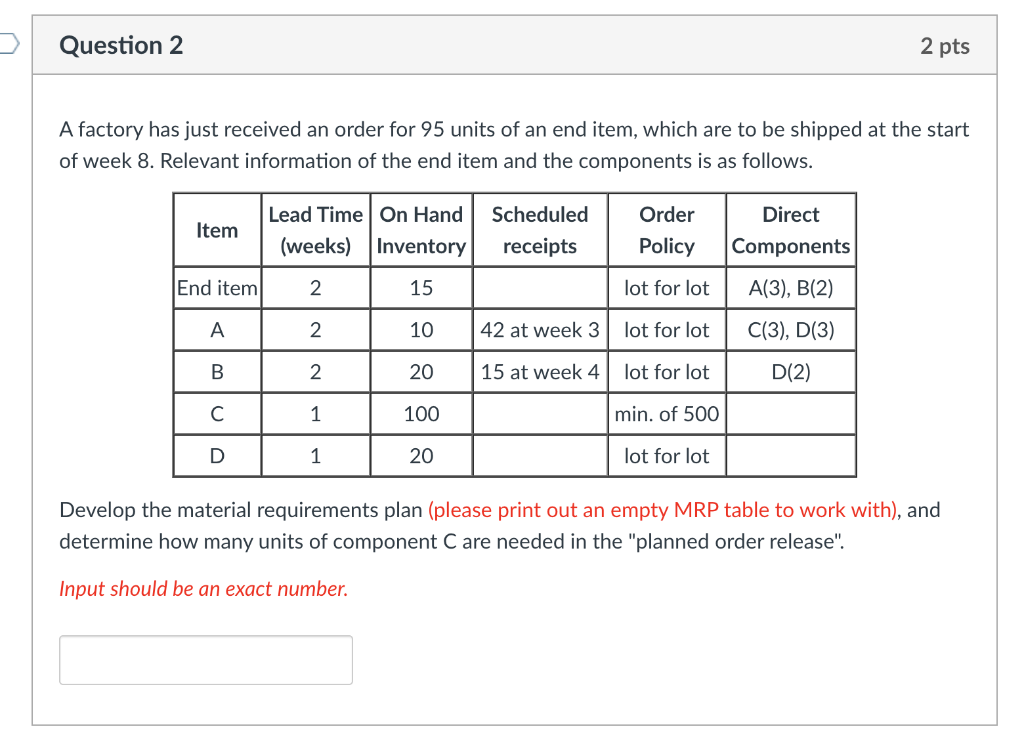 Question 2 2 pts A factory has just received an