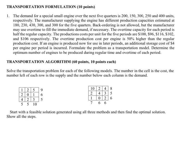 TRANSPORTATION FORMULATION (10 points) 1. The